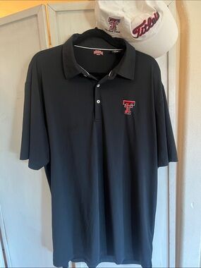 Texas Tech Men’s Black Polo with Red TT Embroidery and bonus Titleist white hat
